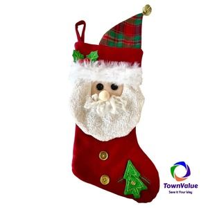 Vintage Christmas Santa Claus Plush Stocking Holiday Red Green Holly Plaid Hat